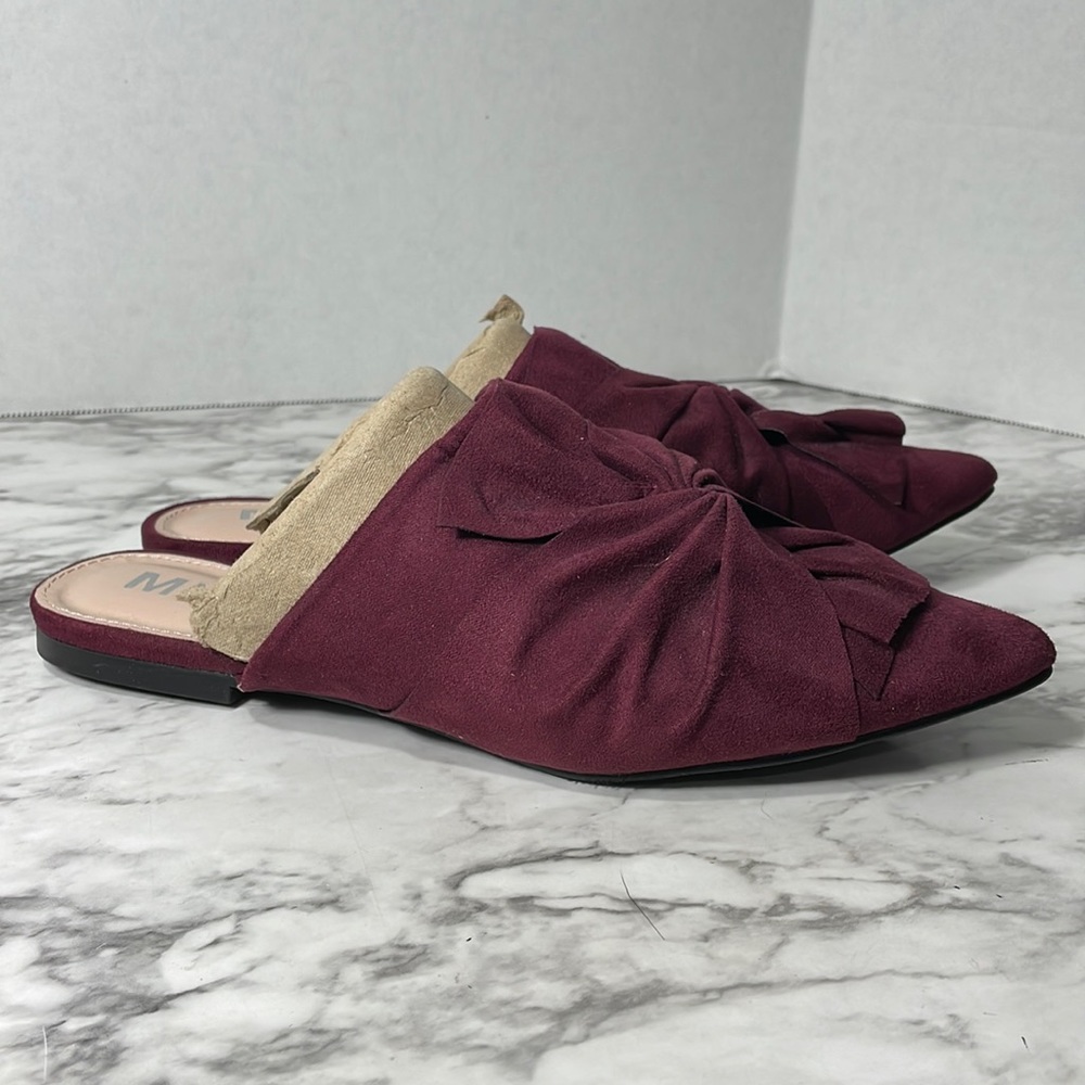 New MIA faux suede cranberry wine bow accent slide flat career shoe